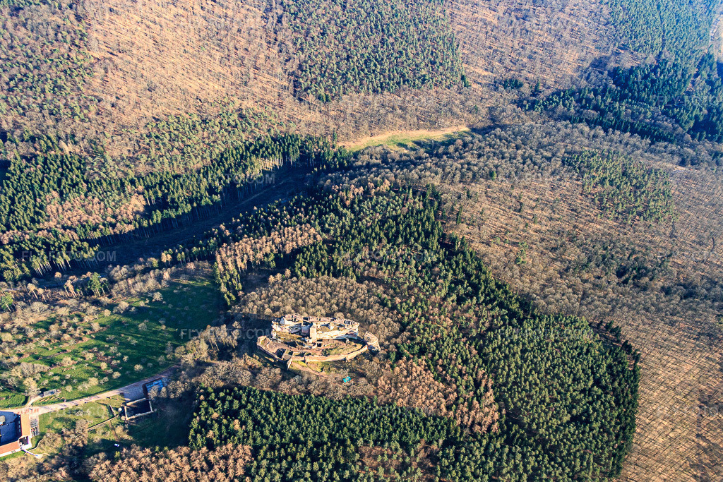 Aerial view: Fleckenstein ruins in Lembach in the state Bas-Rhin, France. – Photo: IMG_086715.jpg taken on 03/26/2016 by Werner Riehm/FLY-FOTO.com – Resolution of the original: 4923 x 3282 px – Château fort de Fleckenstein