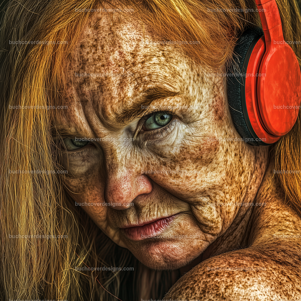 Gesicht einer Frau mit Kopfhörer (108) | old angry woman face with skin freckles ,yellow hair spread over the surface of the image, with a red headphone - studio light - vivid colors - high detail - realistic - photo - front view --chaos 55 --stylize 300 --weird 1700 --v 6.1 Job ID: b02a7625-8518-4d77-8b34-05bdd0a35065