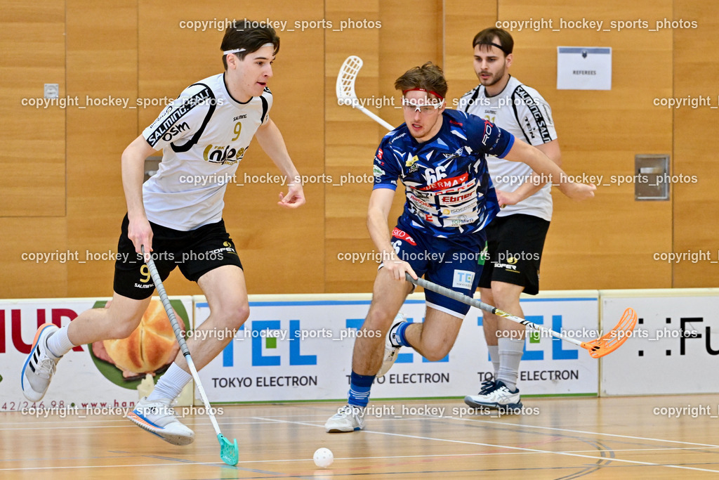 FBK Loka vs. VSV Unihockey | #9 Nejc Peklaj FBK Loka, #66 Jakob Rainer VSV Unihockey, #31 Nejc Oman FBK Loka, FBK Loka vs. VSV Unihockey, FBK Loka vs. VSV Unihockey am 23.03.2025 in Villach (Ballspielhalle St. Martin), Austria, (Photo by Bernd Stefan)