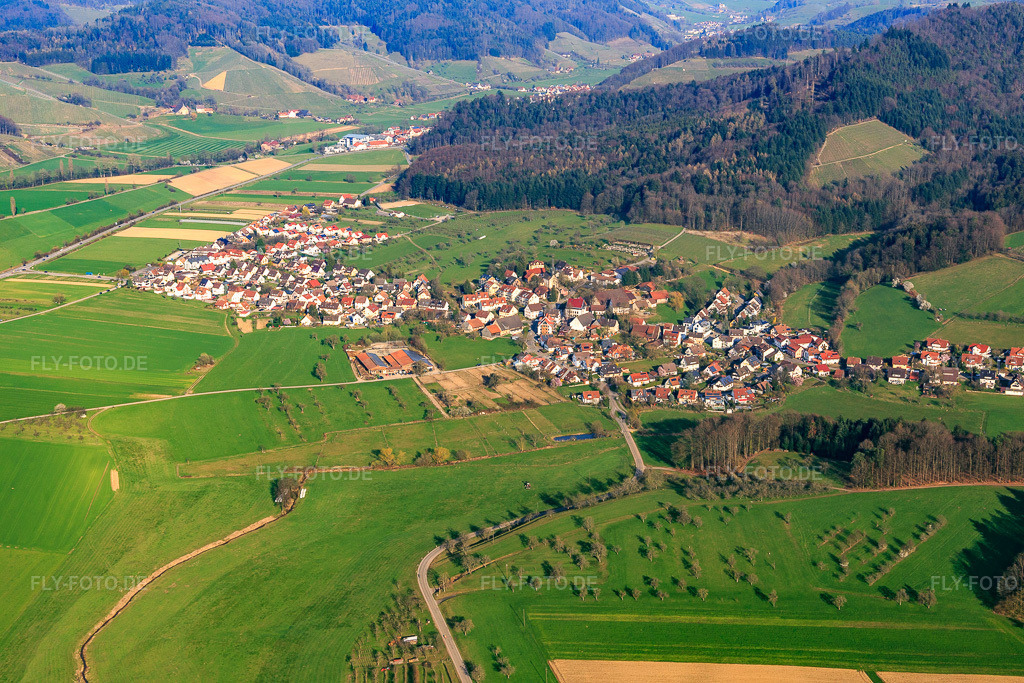Luftbild: Ortsansicht von Westen in Heuweiler im Bundesland Baden-Württemberg in Deutschland. Foto: IMG_113047.jpg vom 22.03.2019 durch Werner Riehm/FLY-FOTO.de