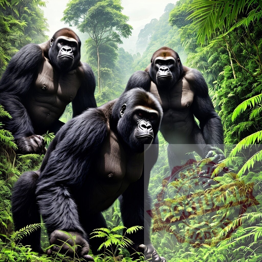 Gorillas living in natural habitat of dense jungle. AI Experiments | Gorillas moving through tropical rainforest ecosystem - Realized with Pictrs.com