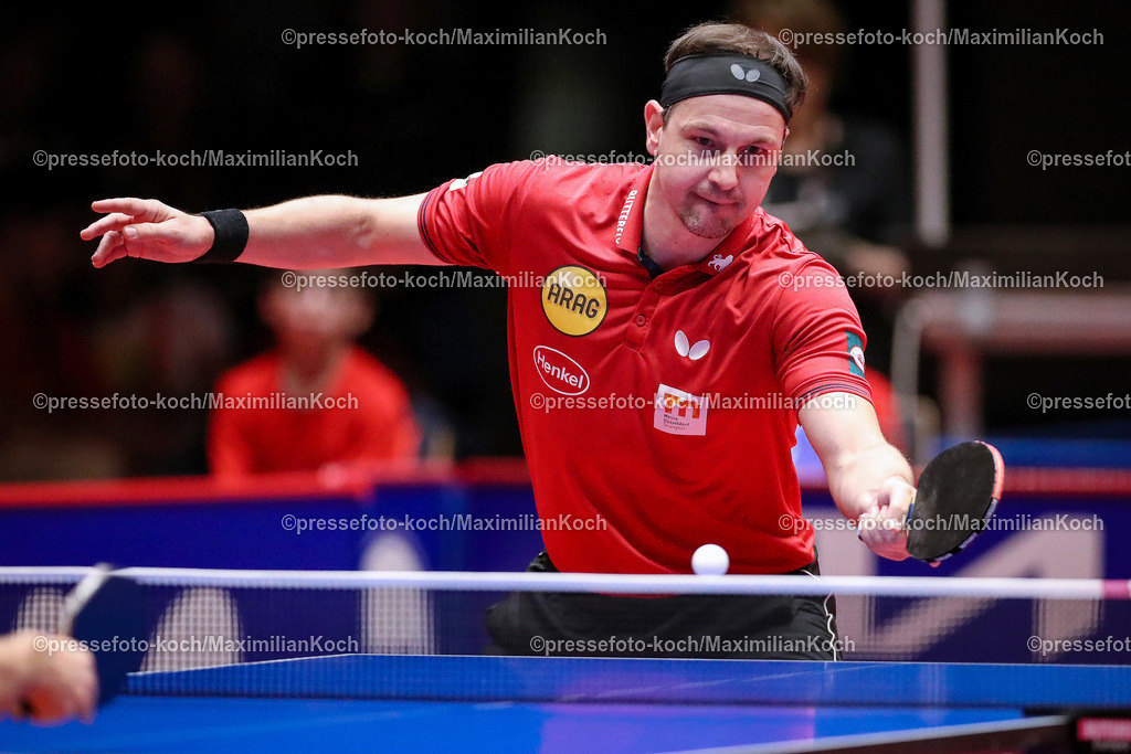 DueTTBL23052401053 | 23.05.2024, Tischtennis, Duesseldorf, ARAG CenterCourt, TTBL Herren, Halbfinale Playoffs Spiel 2, Borussia Düsseldorf - TSV Bad Königshofen: Timo Boll (Borussia Düsseldorf) sichert der Borussia den 3:0 Sieg