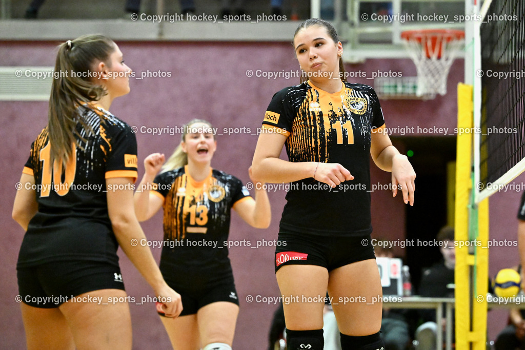 ASKÖ Volley Eagles Villach vs. VC Hausmannstätten | #10 СЕНІС Еlwira ASKÖ Volley Eagles Villach, #11 Ilvie HOFER ASKÖ Volley Eagles Villach, #13 BEBEKAJLO Vanessa ASKÖ Volley Eagles Villach, ASKÖ Volley Eagles Villach vs. VC Hausmannstätten, ASKÖ Volley Eagles Villach vs. VC Hausmannstätten am 01.02.2025 in Villach (Ballspielhalle Lind), Austria, (Photo by Bernd Stefan)