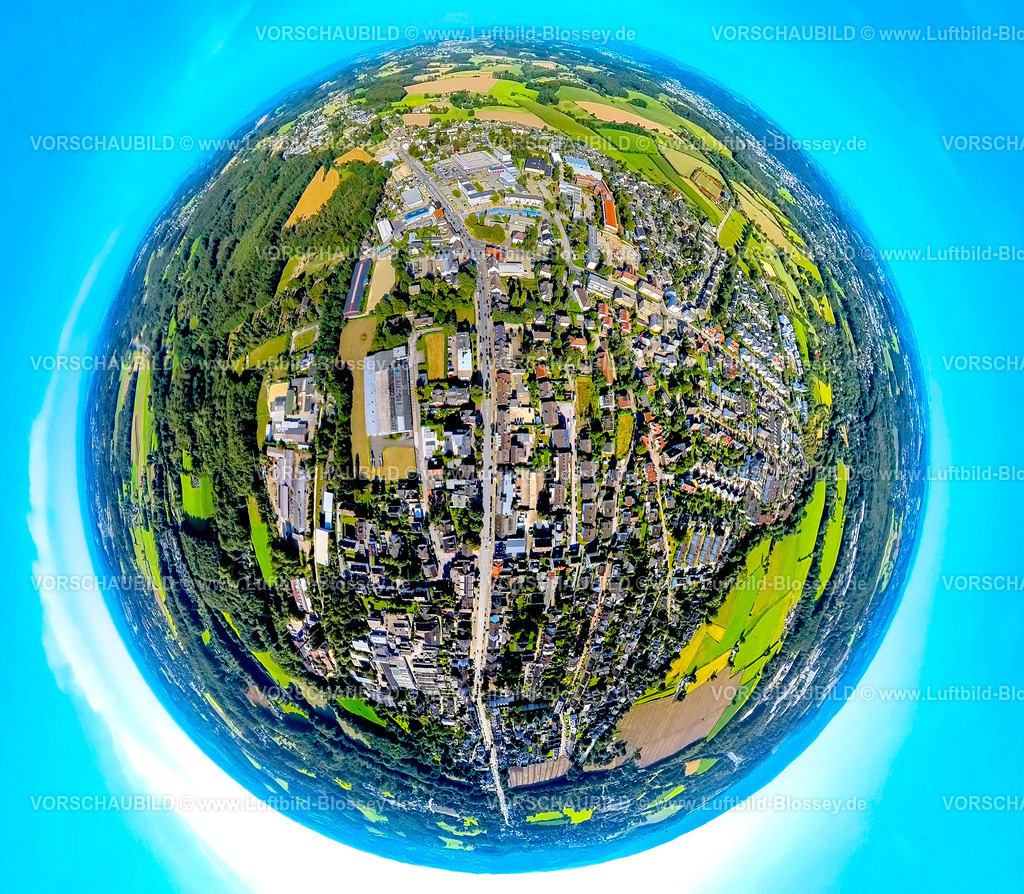 Sprockhoevel240890633Hasslinghausen_Mittelstrasse | Luftbild, Übersicht mit Ortsansicht Mittelstraße, oben das Rathaus und der ZOB Busbahnhof, Wohngebiet mit Fernsicht, Erdkugel, Fisheye Aufnahme, Fischaugen Aufnahme, 360 Grad Aufnahme, tiny world, little planet, fisheye Bild, Haßlinghausen, Sprockhövel, Ruhrgebiet, Nordrhein-Westfalen, Deutschland