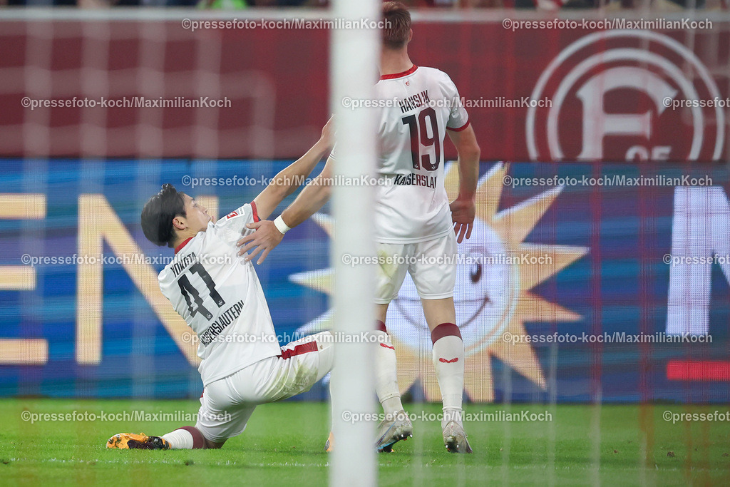 Due26102401062 | 26.10.2024, Fußball, Fortuna Düsseldorf - 1.FC Kaiserslautern, 2. Bundesliga, Merkur Spiel-Arena, Saison 2024 2025: Torjubel nach dem 2:2 Ausgleich durch Daisuke Yokota (FCK #41)DFB regulations prohibit any use of photographs as image sequences and or quasi-video.