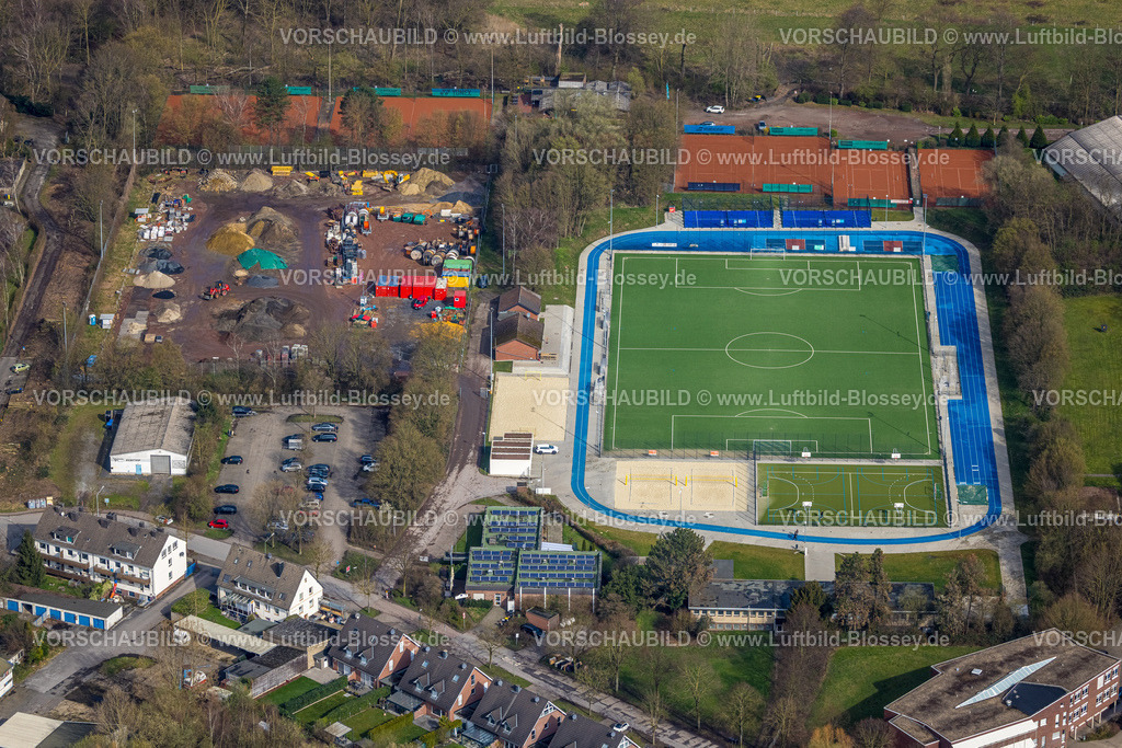 Bottrop260306469 | Luftbild, Neugestaltung Sportpark Weywiesen,  Fußballstadion SV 1911 Bottrop e. V. und blaue Laufbahn, Baustelle Nebenplatz, Tennisplätze Tennisclub Blau-Gelb Eigen e.V., Eigen, Bottrop, Ruhrgebiet, Nordrhein-Westfalen, Deutschland