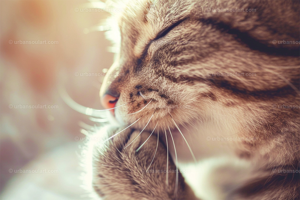 Cat Licking Its Paws Closeup | Capture the gentle beauty of a cat in this close-up as it licks its paws in a moment of calm. The warm, soft lighting makes this artwork a cozy addition for any cat lover’s home, radiating comfort and relaxation. - Realisiert mit Pictrs.com