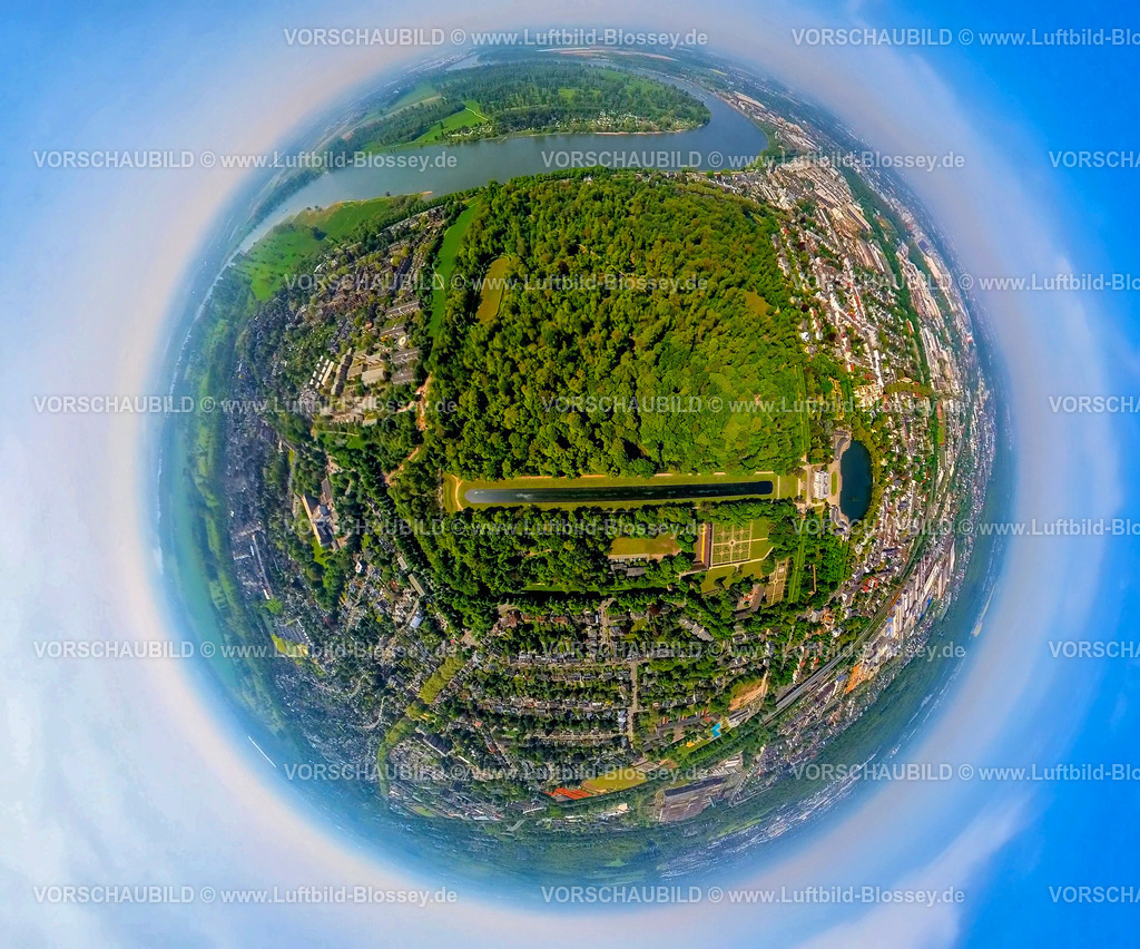 Duesseldorf240590099SchlossParkBenrath | Luftbild, Fluss Rhein und Schloss Benrath mit Schlossweiher und Schlosspark, Orangerie Schloss Benrath und langgezogener Spiegelweiher, Waldgebiet, Erdkugel, Fisheye Aufnahme, Fischaugen Aufnahme, 360 Grad Aufnahme, tiny world, little planet, fisheye Bild, Benrath, Düsseldorf, Nordrhein-Westfalen, Deutschland