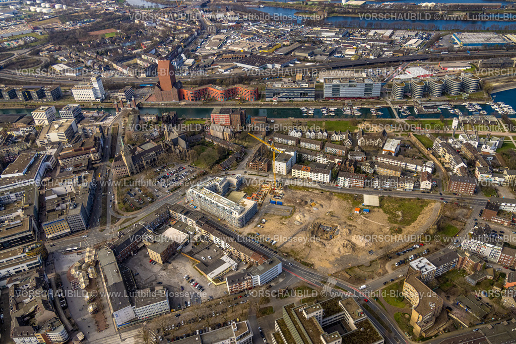 Duisburg240303835 | Luftbild, Mercator Quartier Baustelle für Neubau Hotel und Wohnungen, evang. Salvatorkirche und Rathaus Duisburg, Wohngebiet am Innenhafen, Neuenkamp, Duisburg, Ruhrgebiet, Nordrhein-Westfalen, Deutschland, Duisburg-S