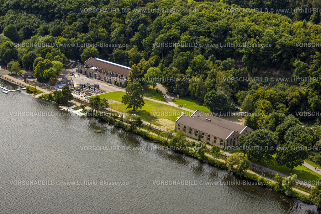 Witten250804992 | Luftbild, Zeche Gibraltar Erbstollen Gelände Oveney, Gibraltar Freizeitzentrum Kemnade Westufer, Gastronomie und Sonnenschirme, Bootsverleih, Bootshaus der Ruhr-Universität Bochum, Waldgebiet, Stiepel, Bochum, Ruhrgebiet, Nordrhein-Westfalen, Deutschland
