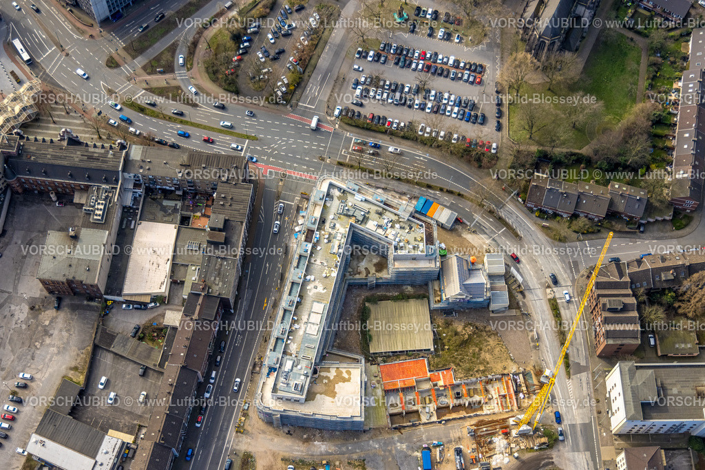 Duisburg240303805 | Luftbild, Mercator Quartier Baustelle für Neubau Hotel und Wohnungen, Wohngebiet am Innenhafen, Pavillons an der Kuhstraße, Steinsche Gasse und Kuhstraße Kreuzungsbereich, Neuenkamp, Duisburg, Ruhrgebiet, Nordrhein-Westfalen, Deutschland, Duisburg-S