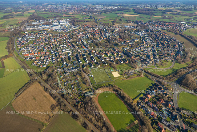 Selm230205329Bork | Luftbild, Ortsansicht und Stadion an der Waltroper Straße sowie PSV Bork Stadion, Bork, Selm, Münsterland, Nordrhein-Westfalen, Deutschland