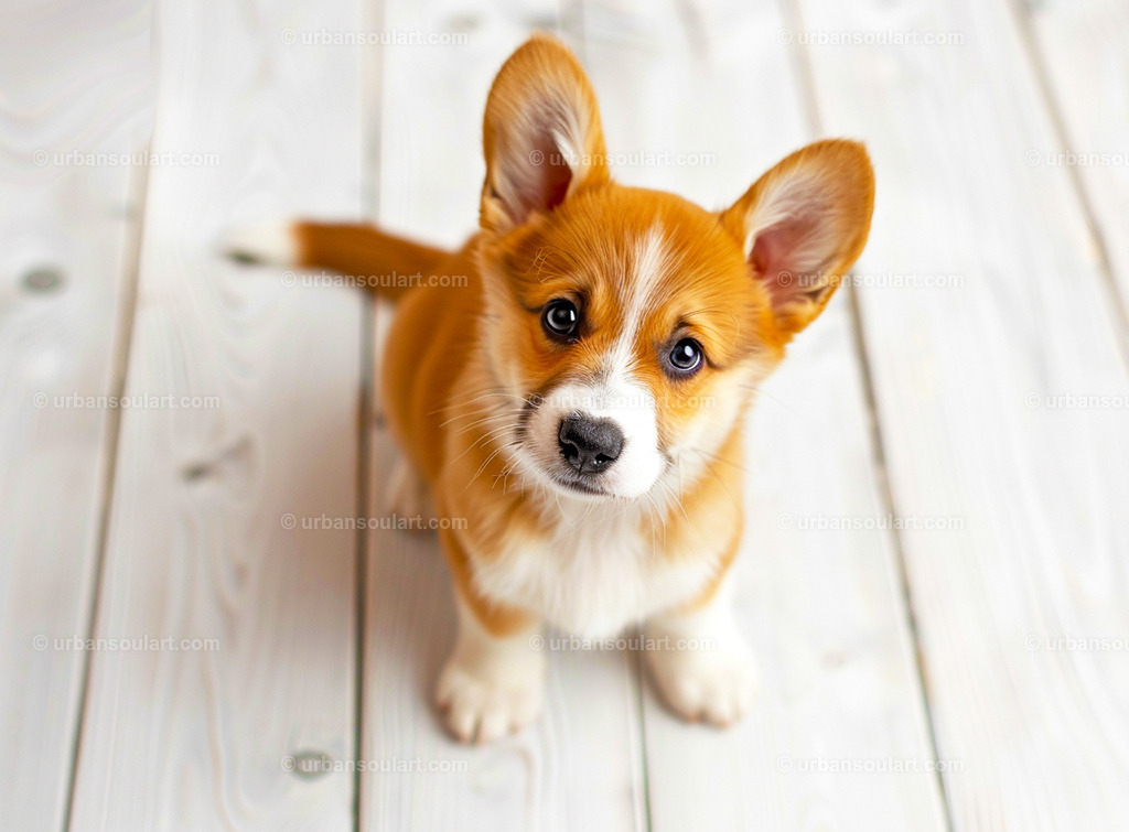 Cute Puppy On White Wooden Floor | A sweet image of a young puppy with expressive eyes sitting on a white wooden floor, embodying innocence and curiosity. Perfect for minimalist decor, adding warmth and charm to any room. - Realisiert mit Pictrs.com