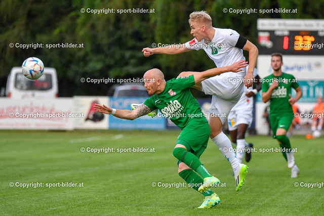 AUT, OEFB Uniqa Cup, Fussball SV Bad Schallerbach vs WSG Tirol | 21.07.2023, Sportplatz Bad Schallerbach, AUT, OEFB Uniqa Cup, SV Bad Schallerbach vs WSG Tirol, im Bild Dominik Stadlbauer (Bad Schallerbach) vs Aleksander Buksa (WSG Tirol)



// OEFB Uniqa Cup Match between SV Bad Schallerbach vs WSG Tirol in Bad Schallerbach, Austria on 2023/07/21