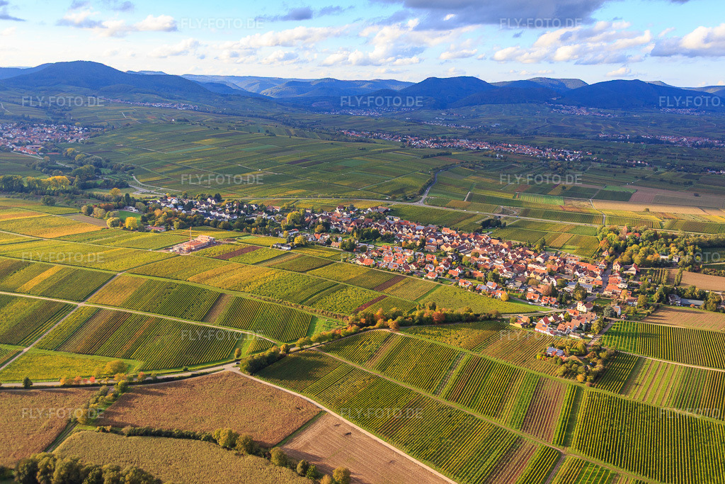 Luftbild: Ortsansicht zwischen herbstlichen Weinbergen aus Süden im Ortsteil Wollmesheim in Landau im Bundesland Rheinland-Pfalz in Deutschland. Foto: IMG_074601.jpg vom 14.10.2014 durch Werner Riehm/FLY-FOTO.de