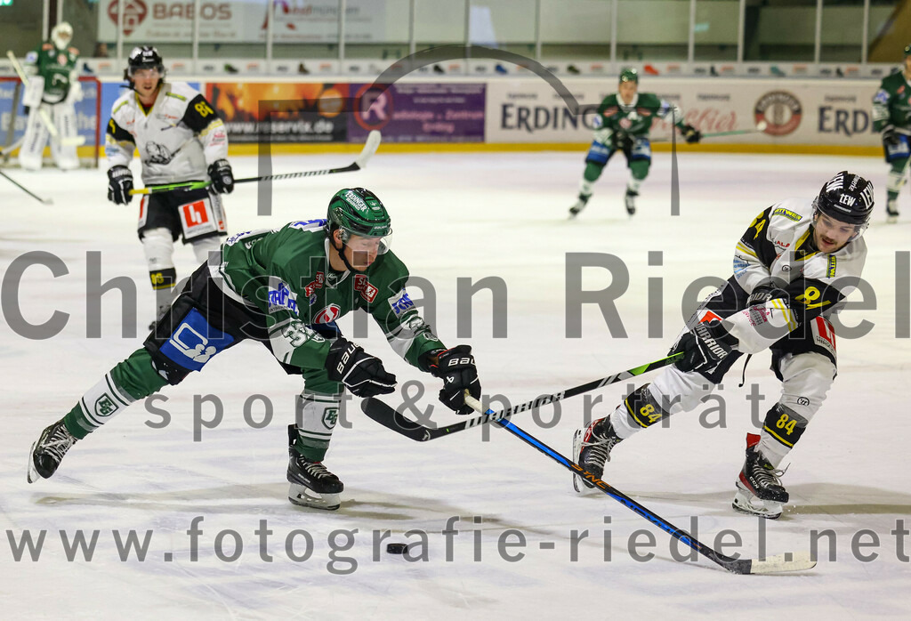 2023-11-17_126_TSV_Erding_gegen_EA_Schongau | Erding, Deutschland, 17.11.2023:
Eishockey, Bayernliga Vorrunde 2023 / 2024, 10. Spieltag, TSV Erding gegen EA Schongau, Endergebnis: 12:4

Thomas Matheson (Erding Gladiators, #37), Tim Mühlegger (EA Schongau, #84)

Foto: Christian Riedel / fotografie-riedel.net