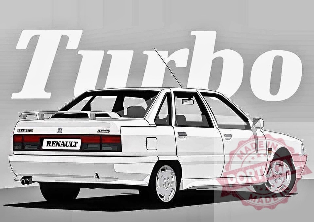 Renault 21 Turbo car illustration with retro text | Renault 21 Turbo, a classic sedan, depicted with a Turbo text background - Realisiert mit Pictrs.com