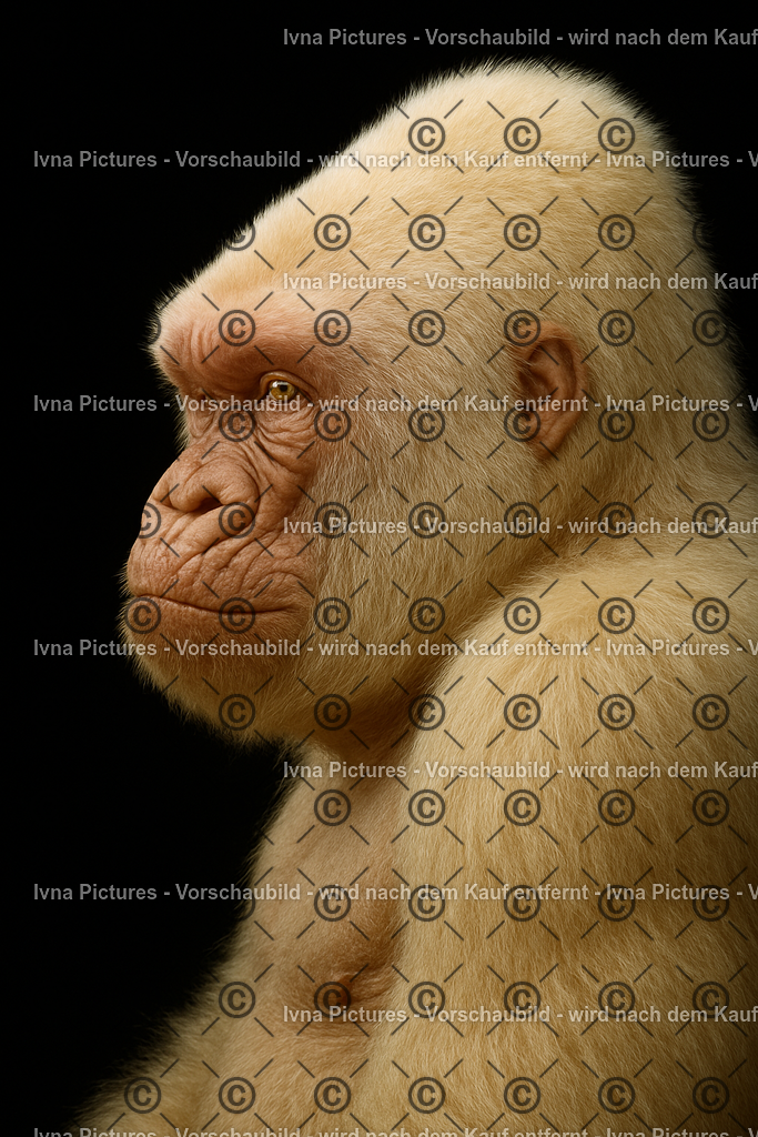 Der Albino-Gorilla | Ein seltener Albino-Gorilla vor tiefschwarzem Hintergrund. Das schneeweiße Fell hebt sich klar ab und verleiht dem Bild eine kraftvolle, zugleich mystische Ausstrahlung. - Realisiert mit Pictrs.com