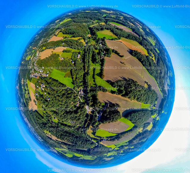 Hattingen240890622Wodantal | Luftbild, Wodantal Naherholungsgebiet, Wald mit Wiesen und Feldern, Erdkugel, Fisheye Aufnahme, Fischaugen Aufnahme, 360 Grad Aufnahme, tiny world, little planet, fisheye Bild, Niederbredenscheid, Hattingen, Ruhrgebiet, Nordrhein-Westfalen, Deutschland