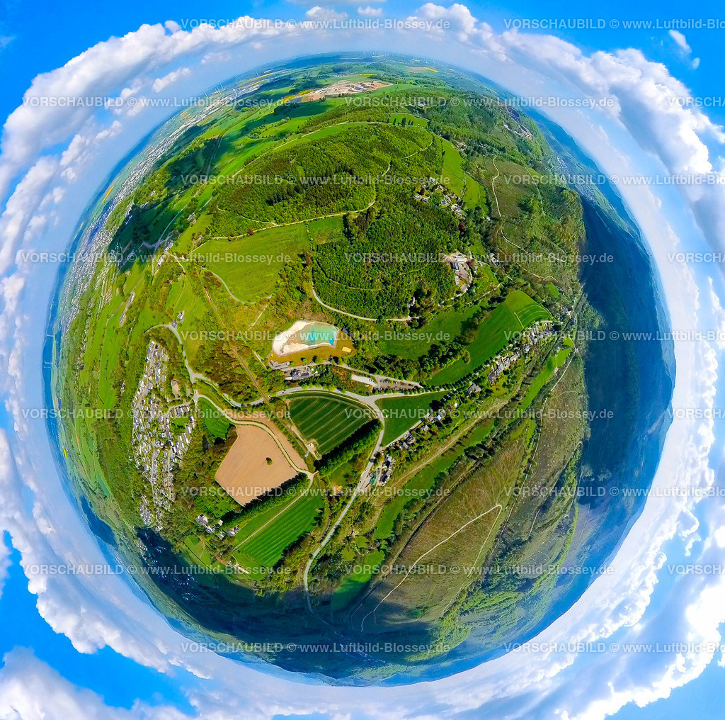 Brilon240590451WaldfreibadGudenhagen | Luftbild, Waldfreibad Gudenhagen mit wenig Wasser, umgeben von Wald, Wiesen und Feldern, Erdkugel, Fisheye Aufnahme, Fischaugen Aufnahme, 360 Grad Aufnahme, tiny world, little planet, fisheye Bild, Gudenhagen, Brilon, Sauerland, Nordrhein-Westfalen, Deutschland