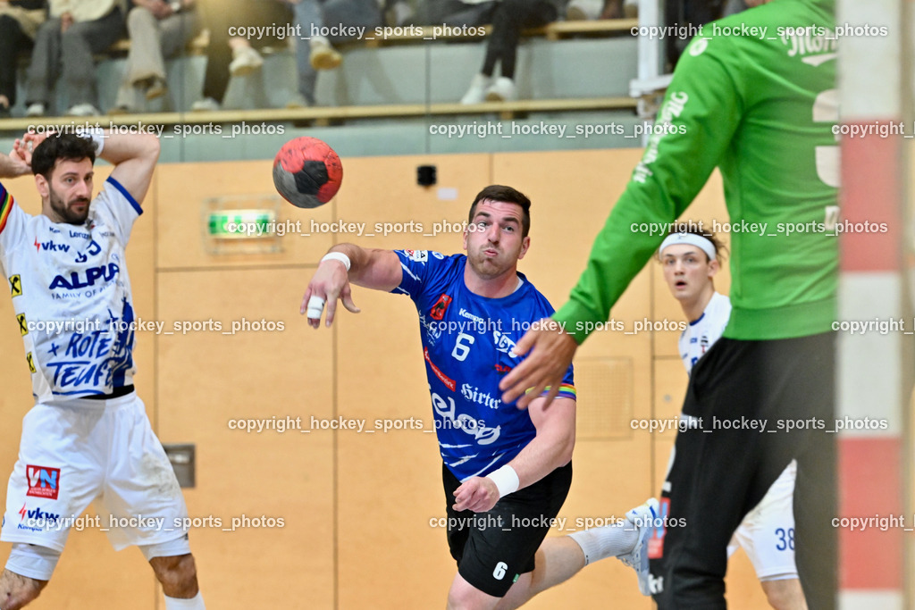 SC Ferlach vs. ALPLA HC Hard | #99 Hild Matthias SC Hard, #6 Nosan Blaz SC Ferlach, SC Ferlach vs. ALPLA HC Hard, SC Ferlach vs. ALPLA HC Hard am 05.04.2025 in Ferlach (Ballspielhalle Ferlach), Austria, (Photo by Bernd Stefan)