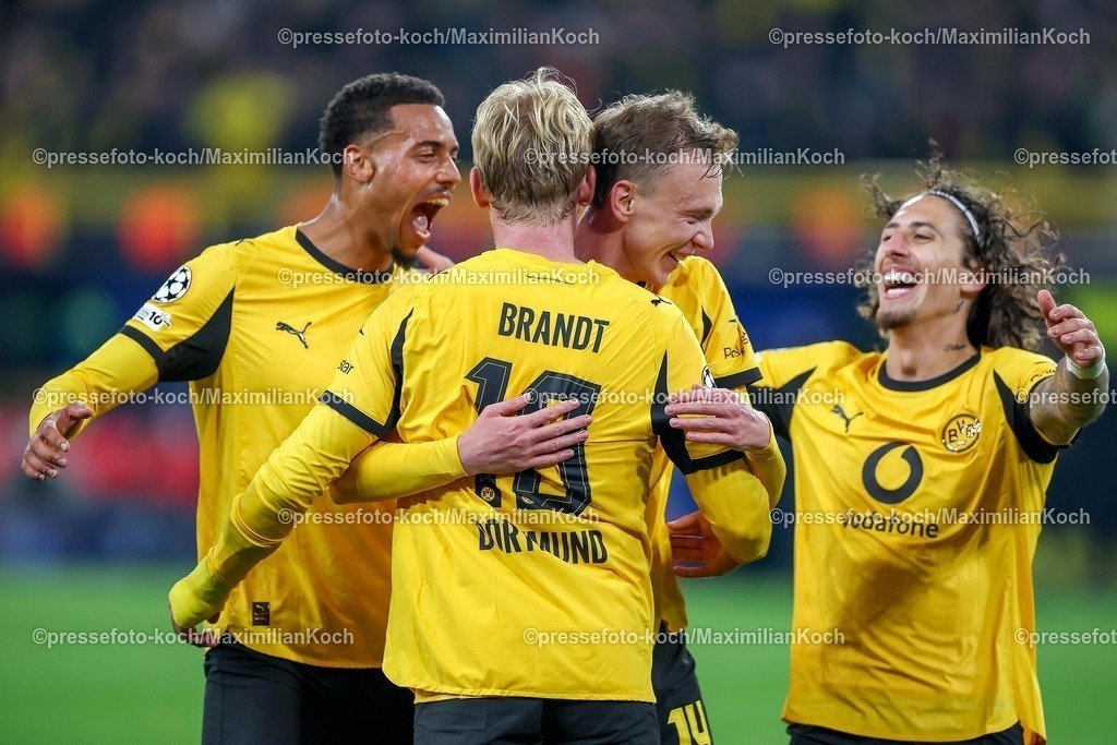UCL01102501125 | 01.10.2025, Fußball, UEFA Champions League, Borussia Dortmund - Athletic Club Bilbao, BVB Stadion, 2. Spieltag, Saison 2025 2026: Torjubel nach dem Tor zum 4:1 durch Torschütze Julian Brandt (BVB #10)  zusammen mit  Felix Nmecha (BVB #08) Maximilian Beier (BVB #14) Fabio Silva (BVB #21) Regulations prohibit any use of photographs as image sequences and or quasi-video.