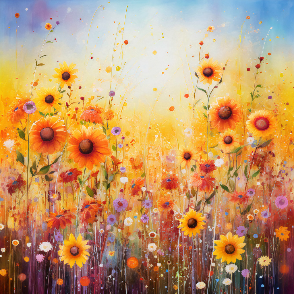 10230790 - Sonnenblumenfeld | Motiv einer Wiese mit bunten Blumen im Stil eines Gemäldes.