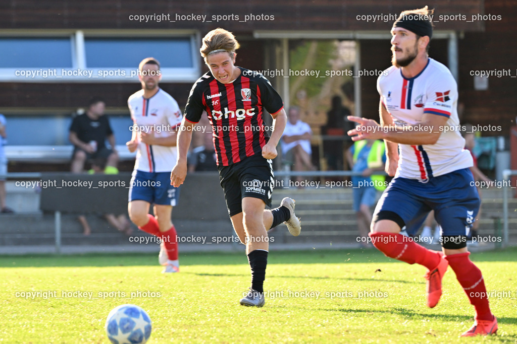 ESV Admira vs. SC Arriach | #16 Christoph Wolfgang Tischner ESV Admira, #5 Nemanja Andrijevic SC Arriach, ESV Admira vs. SC Arriach, ESV Admira vs. SC Arriach am 24.08.2024 in Villach (Sportzentrum Admira), Austria, (Photo by Bernd Stefan)