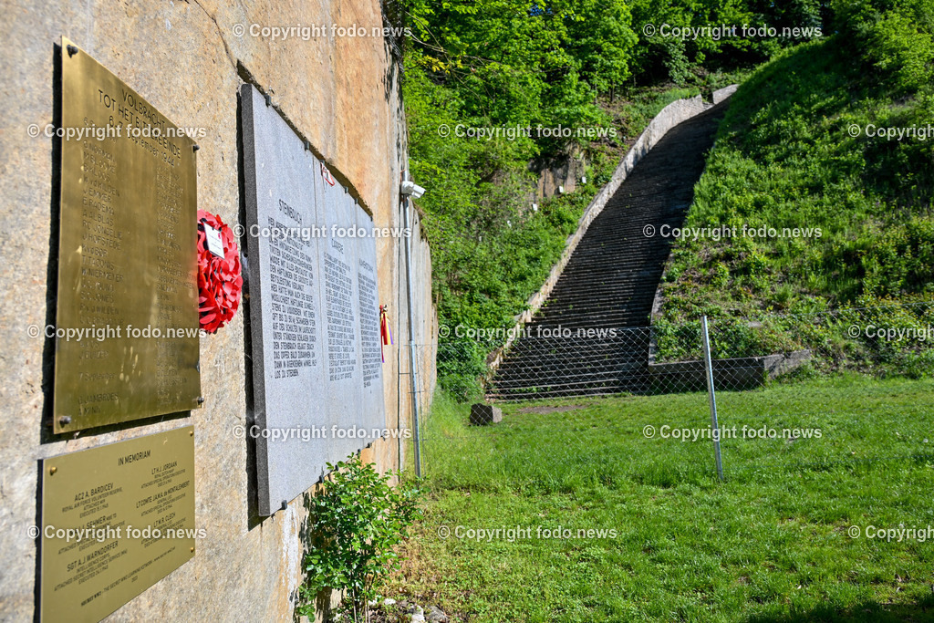 Mauthausen_ KZ Gedenkstaette_ Konzentrationslager_ 07.05.2025-12 | 07.05.2025, Mauthausen, AUT, Konzentrationslager Memorial, Themenbild, im Bild KZ Gedenkstaette Mauthausen Memorial, Todesstiege, Stiege, Treppe, Steintreppe, Steinbruch, Erinnerungskultur, Erinnerungsort, Frieden, Historischer Ort, Holocaust, Kulturdenkmal, Mahnmal, Menschenrechte, Monumente, NS-Zeit, Nationalsozialismus, Zwangsarbeit, Geschichte