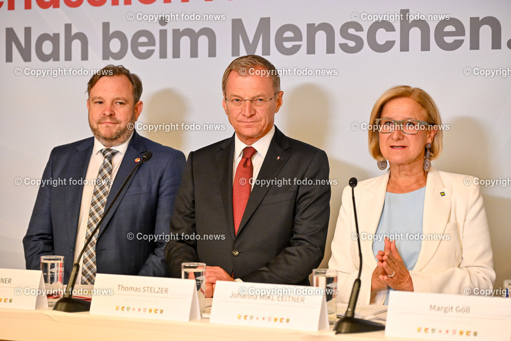 Pressekonferenz Land Ooe_ Oberoesterreich uebernimmt den Vorsitz in der Landeshauptleute-Konferenz_ 03.07.2024-48 | 03.07.2024, Linz, AUT, Pressekonferenz Land Ooe, Oberoesterreich uebernimmt den Vorsitz in der Landeshauptleute-Konferenz, im Bild Franz Ebner (VP, Praesident des Bundesrates), Thomas Stelzer (VP, Landeshauptmann Oberoesterreich), Johanna Mikl-Leitner (VP, Landeshauptfrau Niederoesterreich)