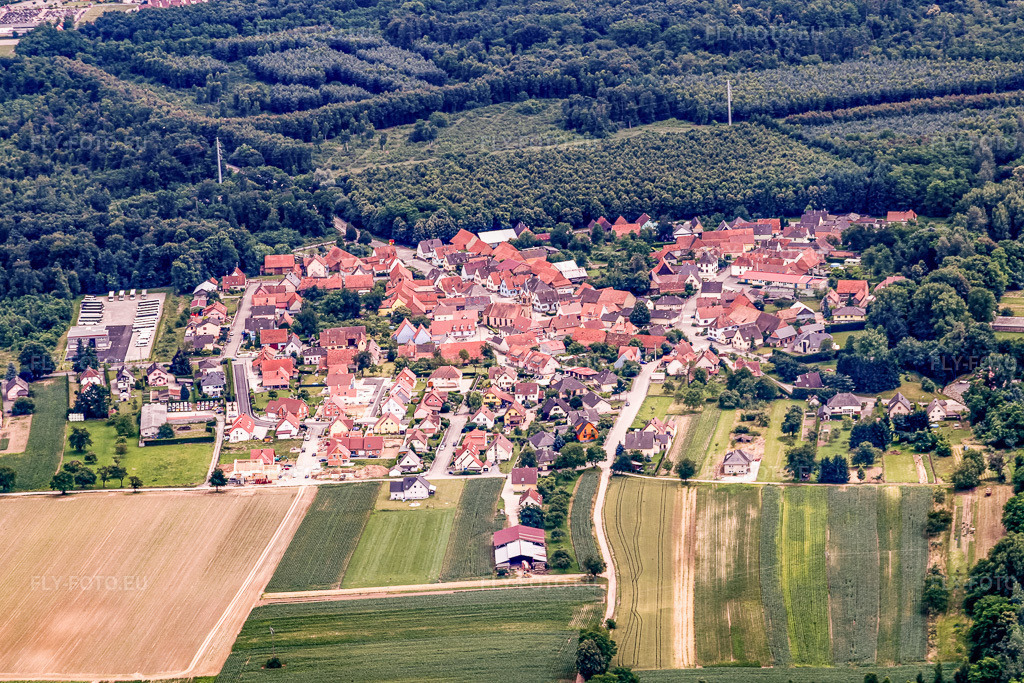 Vue aérienne: Vue de la ville depuis le nord à Schaffhouse-près-Seltz dans le département Bas Rhin, France – .Photo: IMG_19063.jpg prise le 20/06/2009 par Werner Riehm/FLY-FOTO.eu – Résolution de l'original: 4752 x 3168 px