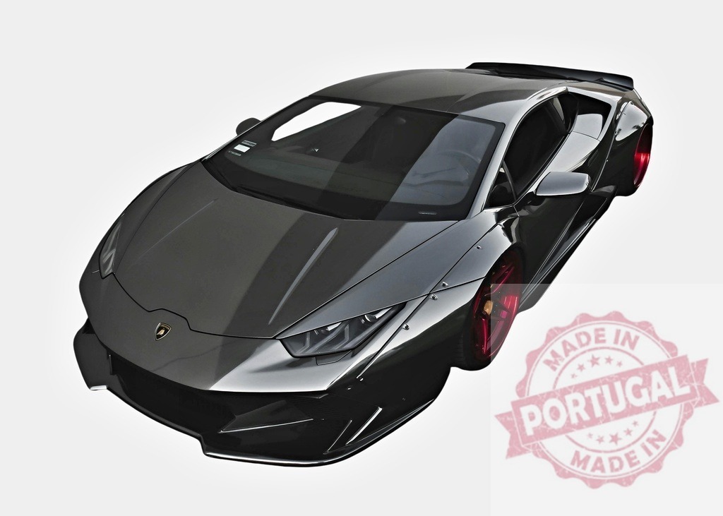 Lamborghini Huracán featuring aerodynamic body kit and red rims posing on white background | Modern customized Lamborghini Huracán showcasing tuning and automotive design on empty background - Realized with Pictrs.com