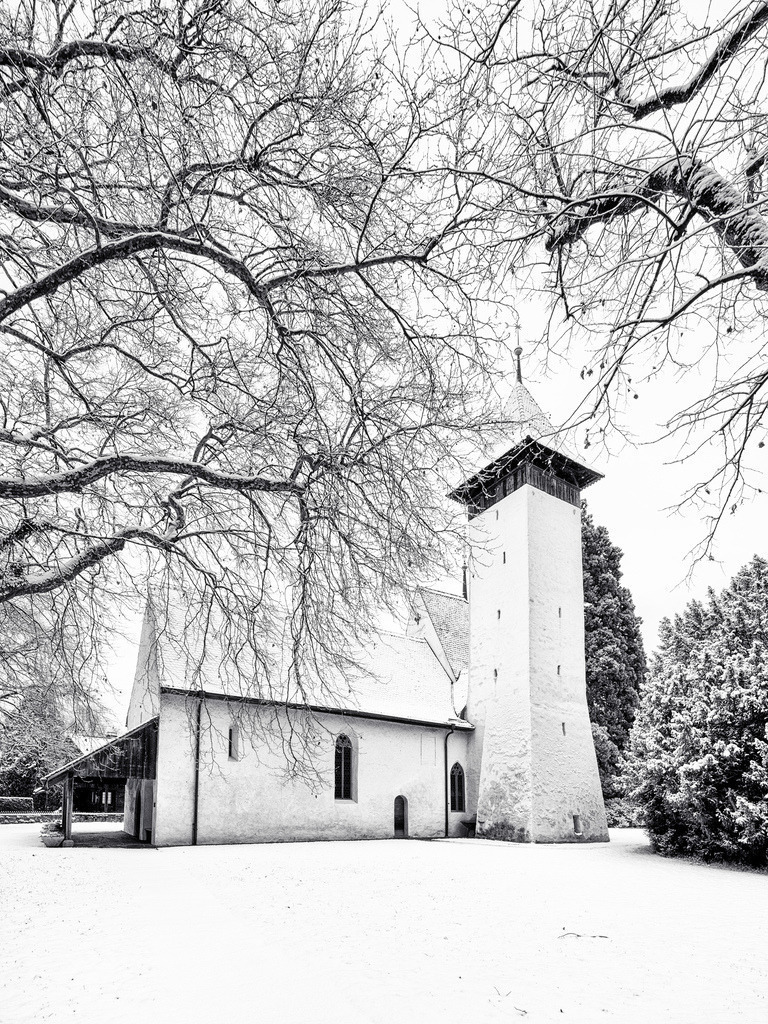 Kirche Scherzligen | Die historische Kirche Scherzligen in Thun praesentiert sich in einer tief verschneiten Winterlandschaft. Kahle Aeste eines Baumes umrahmen das Gebaeude und schaffen eine grafische Komposition vor dem hellen Himmel. - Realisiert mit Pictrs.com