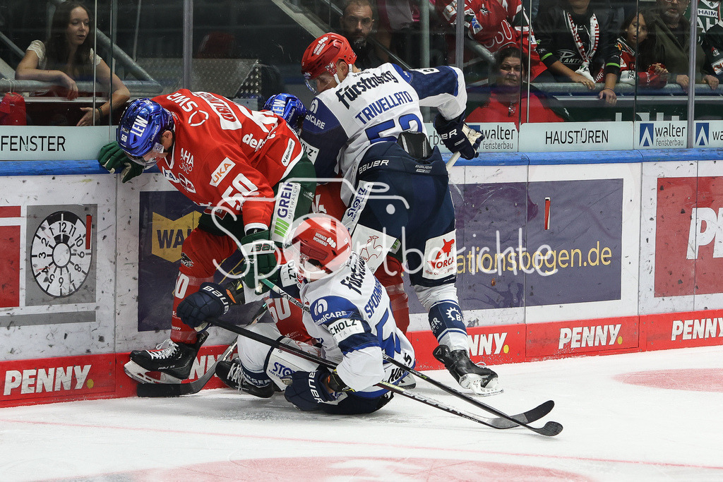Augsburger Panther - Schwenninger Wild Wings | v.l. Alexander Oblinger (AEV #50), Peter SPORNBERGER (SERC #50) Thomas Jordan TREVALYAN (AEV #24) und Alex TRIVELLATO (SERC #53) im Zweikampf