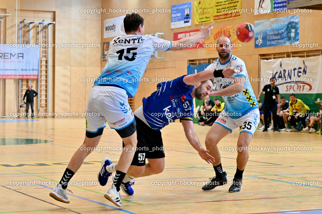 SC Ferlach vs. HSG Bärnbach/Köflach 30.3.2024 | #15 Knez Domen HSG Bärnbach, #57 LEBAN Patrik SC Ferlach, #35 DJURDJEVIC Milos, SC Ferlach vs. HSG Bärnbach/Köflach 30.3.2024, SC Ferlach vs. HSG Bärnbach/Köflach am 30.03.2024 in Ferlach (Ballspielhalle Ferlach), Austria, (Photo by Bernd Stefan)