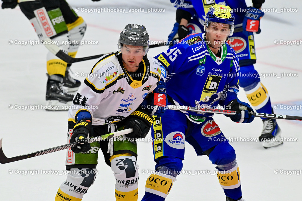 EC IDM Wärmepumpen VSV vs. HC Pustertal 8.10.2023 | #81 AKESON Jason HC Pustertal, #95 KATIC Mark EC VSV,  EC IDM Wärmepumpen VSV vs. HC Pustertal 8.10.2023, EC IDM Wärmepumpen VSV vs. HC Pustertal am 08.10.2023 in Villach (Stadthalle Villach), Austria, (Photo by Bernd Stefan)