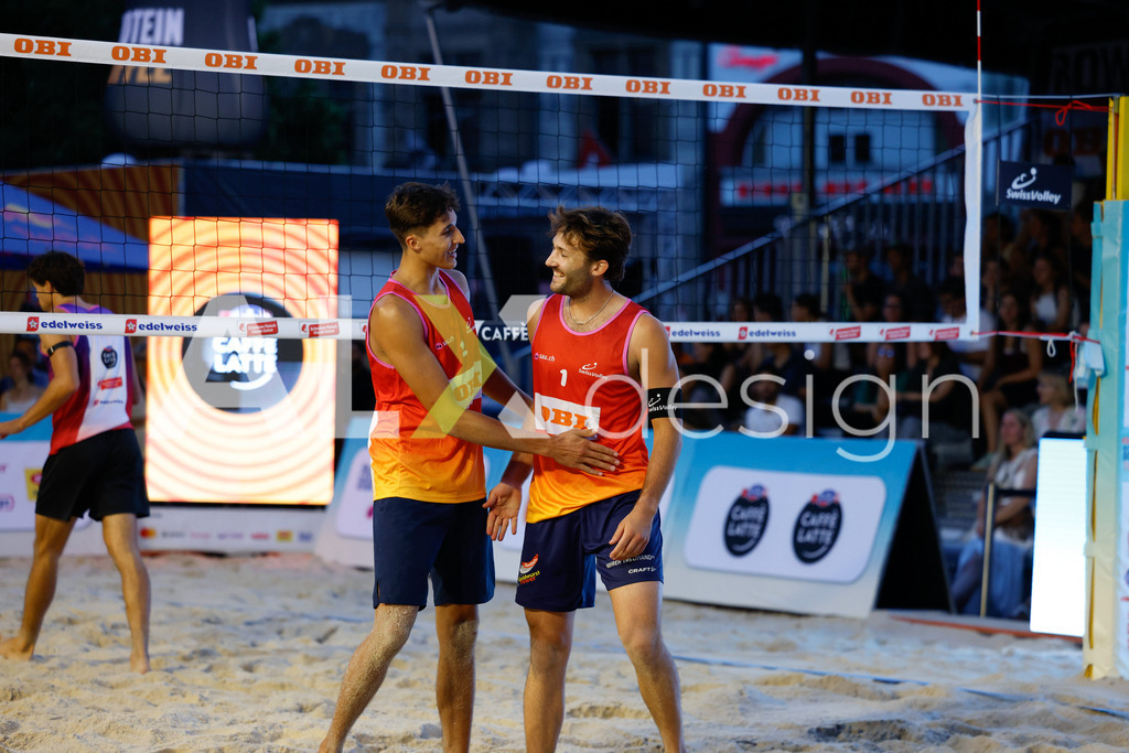Obi BeachTour 2026 - Basel | BASEL, SWITZERLAND - JULY 17: LEO DILLIER (SUI) and LUC EMANUEL FLÜCKIGER (SUI) during the Obi BeachTour 2026 match between DILLIER / FLÜCKIGER (SUI) and ALLEMANN / LEFFLER (SUI) at Barfüsserplatz on July 17, 2026 in Basel, Switzerland. - Realisiert mit Pictrs.com