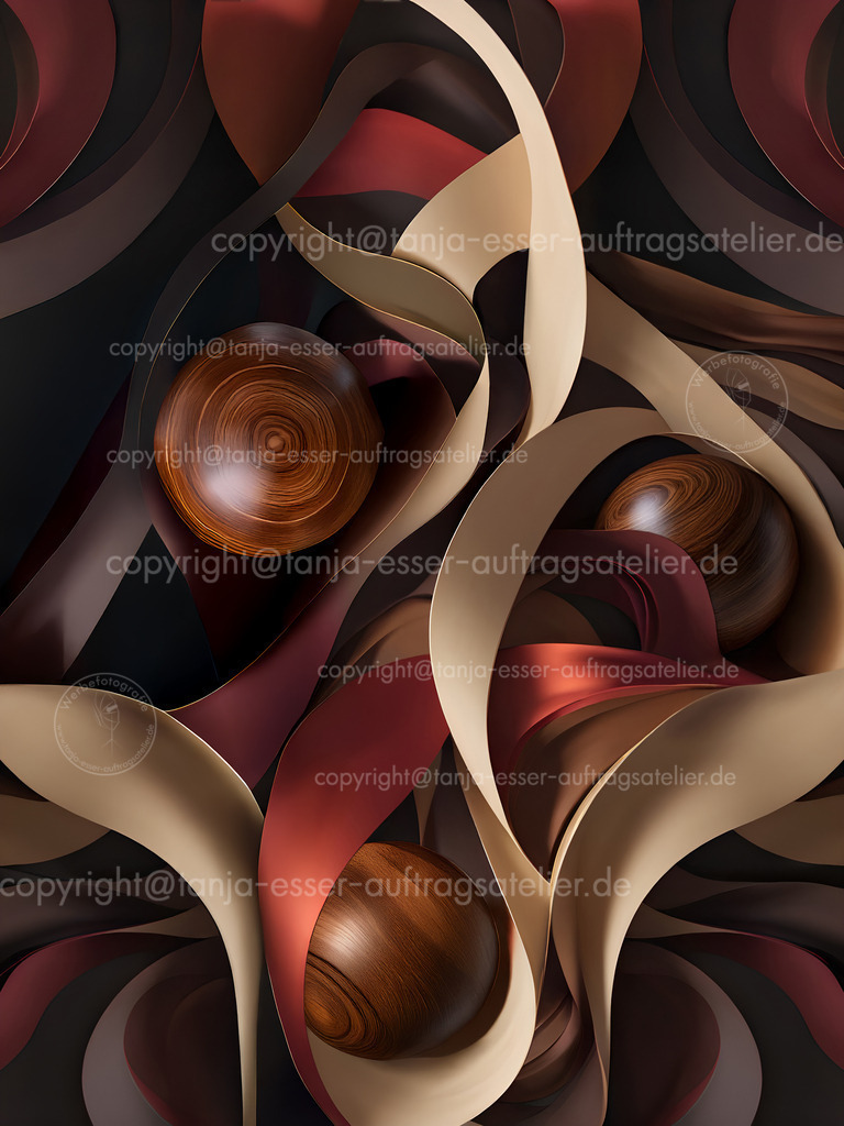 Dekorative Holzkugeln mit Stoffbändern in rot braun | Edles Wandbild Motiv für eine warmes hölzernes Ambiente. Schimmernde Stoffstreifen in beige, rot und braun winden sich um drei polierte Holzkugeln. Die Holzmaserung kommt toll zur Geltung.