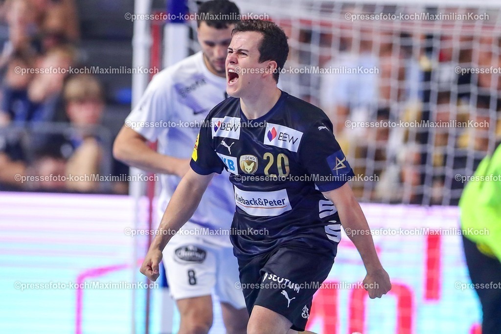 KoeEHF14062501030 | 14.06.2025, Handball, Halbfinale TruckScout24 EHF FINAL4, LANXESS arena Köln, Füchse Berlin - HBC Nantes: Tim Freihöfer (Fuechse Berlin #20) jubelnd 