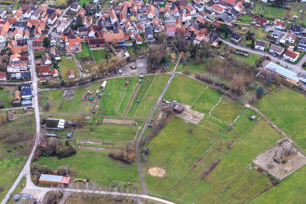 Luftbild: Gärten am Erlenbach in Oberhausen im Bundesland Rheinland-Pfalz in Deutschland. Foto: IMG_124167.jpg vom 04.02.2021 durch Werner Riehm/FLY-FOTO.de