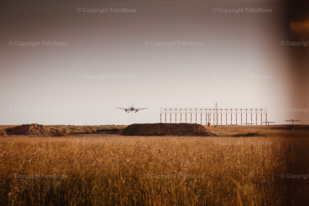 Landung auf dem Flughafen Düsseldorf | Ein Airbus A320 landet auf dem Flughafen in Düsseldorf an einem Sommerabend. - Realisiert mit Pictrs.com