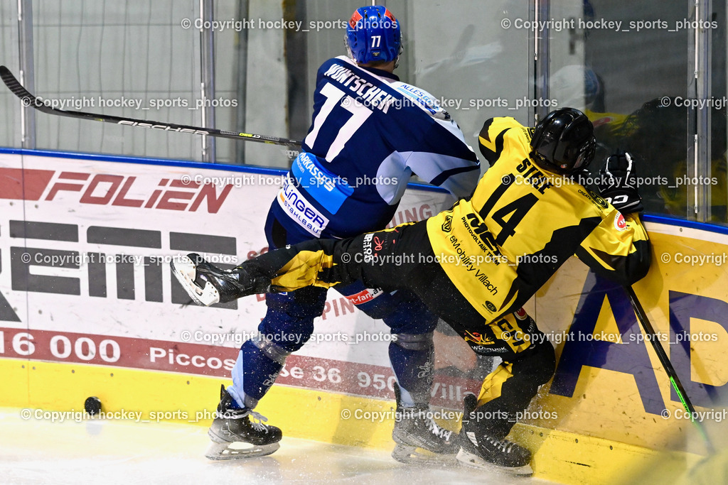 ESC Steindorf vs. EC Hornets Spittal 20.2.2024 | #77 Wuntschek Manuel ESC Steindorf, #14 Stele Florian EC Hornets Spittal, ESC Steindorf vs. EC Hornets Spittal 20.2.2024, ESC Steindorf vs. EC Hornets Spittal 20.2.2024 am 20.02.2024 in Steindorf (Ossiachersee Halle), Austria, (Photo by Bernd Stefan)