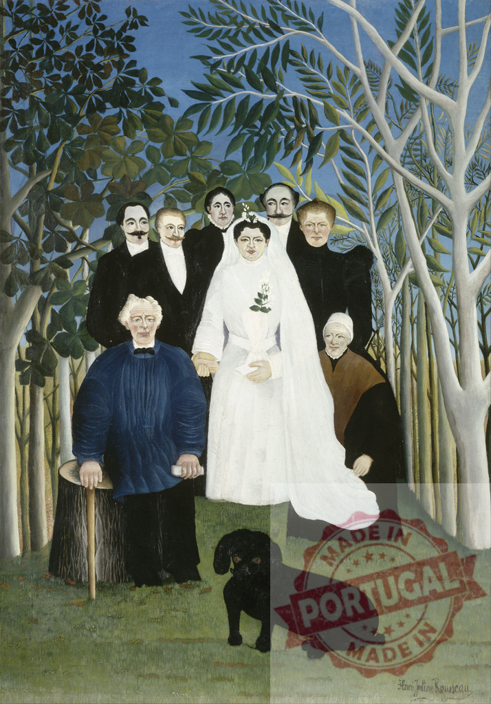 Henri Rousseau's The Wedding Party naive oil painting. Henri Rousseau | Family wedding party posing outdoors with a bride, groom, and dog - Realisiert mit Pictrs.com