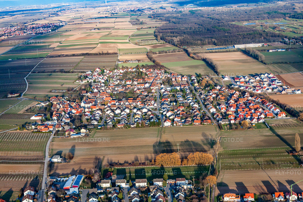 Luftbild: Ortsansicht der Straßen und Häuser der Wohngebiete in Bornheim im Bundesland Rheinland-Pfalz in Deutschland. Foto: IMG_24877.jpg vom 05.03.2010 durch Werner Riehm/FLY-FOTO.de
