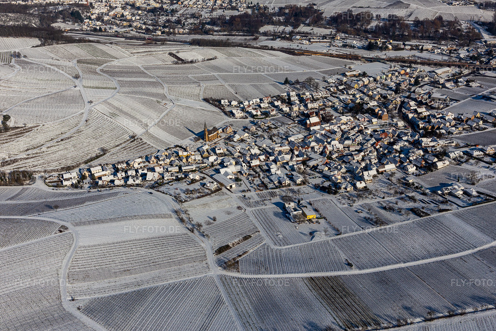 Luftbild: Winterluftbild im Schnee in Birkweiler im Bundesland Rheinland-Pfalz in Deutschland. Foto: IMG_124479.jpg vom 11.02.2021 durch Werner Riehm/FLY-FOTO.de