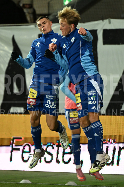 TSV Egger Glas Hartberg vs SV Oberbank Ried – Austrian Bundesliga Match | The image shows Elias Havel (Hartberg) and Benjamin Markus (Hartberg), at the Bundesliga match TSV Hartberg vs SV Ried at Profertil Arena Hartberg. 22.11.2025