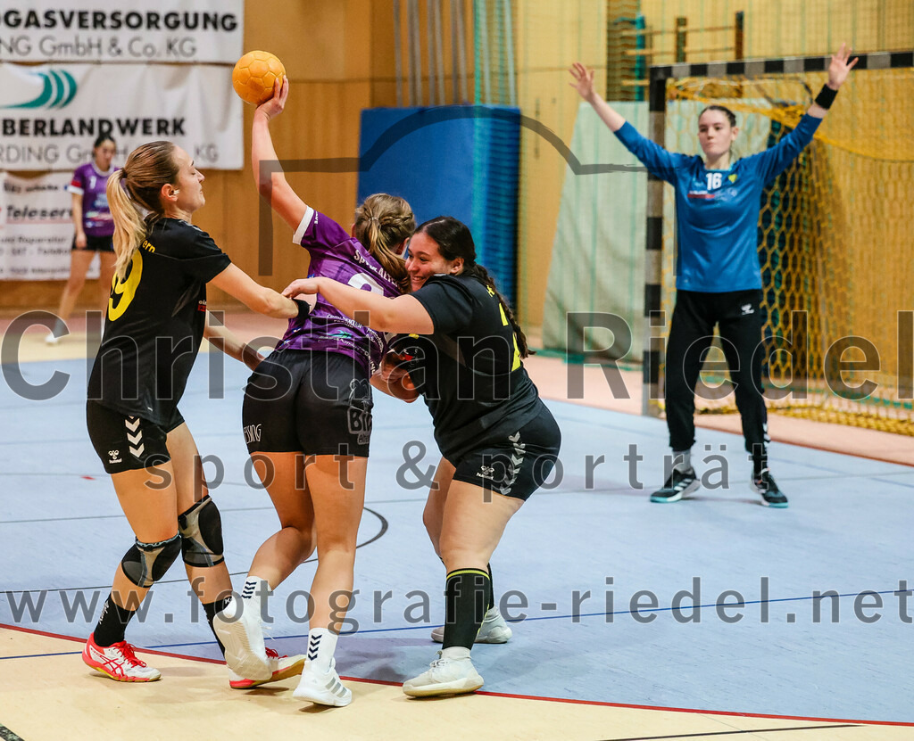 2023-12-17_045_SpVgg_Altenerding_II_gegen_HF_Scheyern | Erding, Deutschland, 17.12.2023:
Handball, Bezirksliga Frauen Altbayern 2023 / 2024, 9. Spieltag, SpVgg Altenerding II gegen HF Scheyern, Endergebnis: 22:26

Kathrin Fink (HF Scheyern, #19), Sophie Lößl (SpVgg Altenerding, #23), Tanja Ruscitti (HF Scheyern, #22)

Foto: Christian Riedel / fotografie-riedel.net