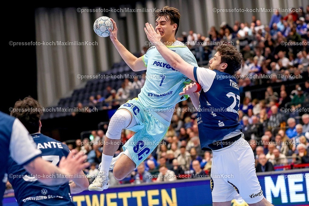 BHC02042601103 | 02.04.2026, Handball, HBL, Bergischer HC - VfL Gummersbach, Mitsubishi Electric HALLE Düsseldorf: Julian Köster (VfL Gummersbach #07) im Zweikampf gegen  Joshua Thiele (BHC #23) 