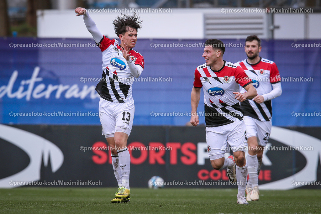 Koe3Liga24022401043 | 24.02.2024, Köln, Fußball, bwin 3. Liga Herren, Sportpark Höhenberg, 27. Spieltag, Saison 2023 2024, FC Viktoria Köln – SV Sandhausen: Torjubel nach dem 1:1 Ausgleich durch Luca de Meester de Tilbourg (Viktoria Köln). 
DFB regulations prohibit any use of photographs as image sequences and or quasi-video.