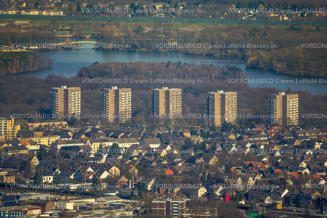 Duisburg240303114 | Luftbild, Wohngebiet Großenbaum und fünf Hochhäuser, hinten der Wildförstersee der Sechs-Seen-Platte, Großenbaum, Duisburg, Ruhrgebiet, Nordrhein-Westfalen, Deutschland, Duisburg-S